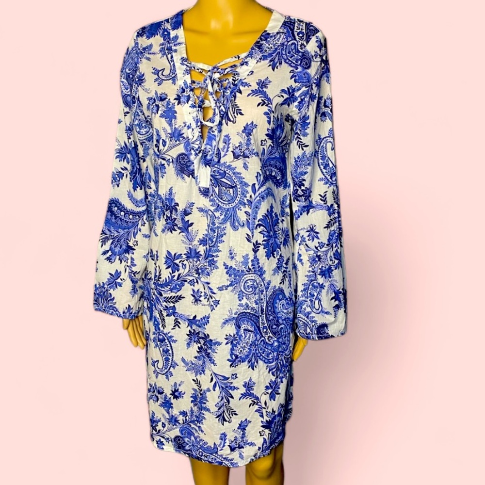 Tommy Bahama Tropical White and Blue Flowers Coverups TunicMidi Dress si…